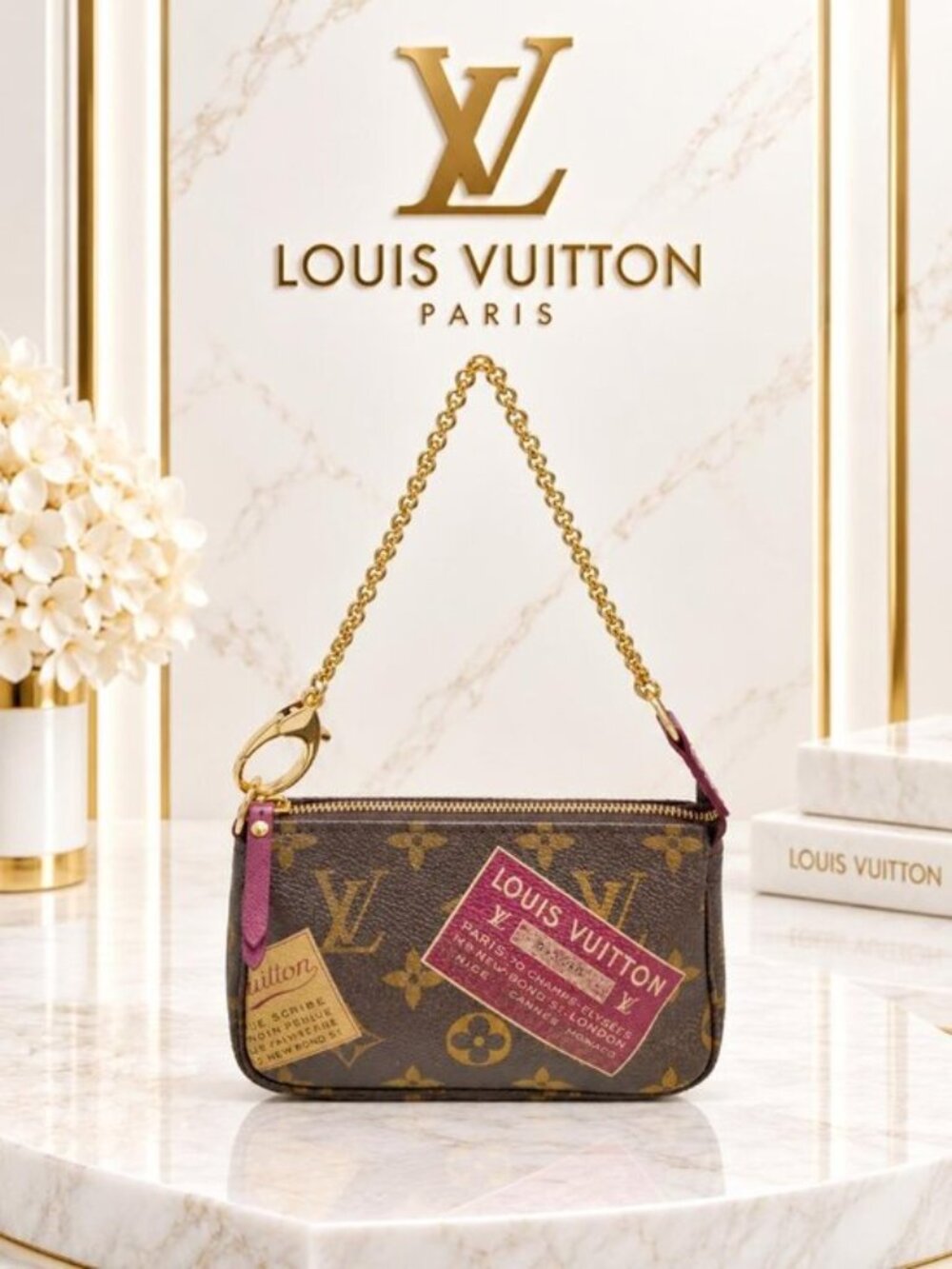 Authentic Louis Vuitton Mini Pochette Accessories Monogram Trunks Chain Bag
